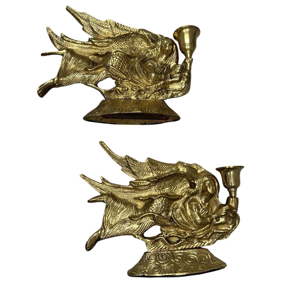 VINTAGE Pair Angels Brass Metal Table Top Candle Stick Holders Taper 7.5in
